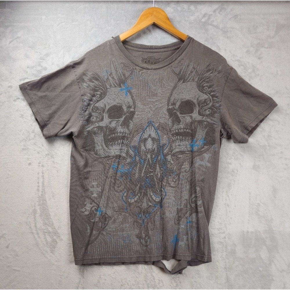 Y2K MMA Elite Shirt Men Large Gray Graphic Skull Double Sided Trashed Distressed
